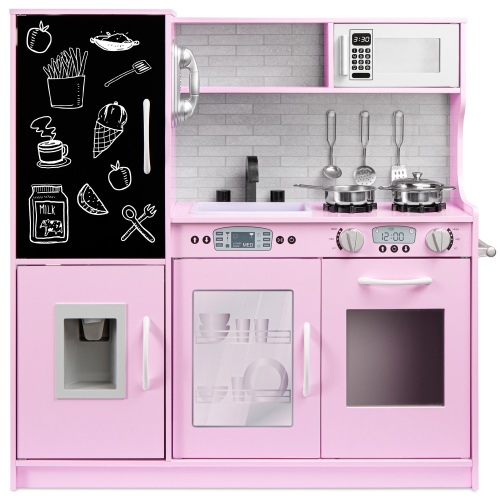 Best Choice Products Pretend Play Kitchen Wooden Toy Set for Kids w/ Telephone, Utensils, Oven, Microwave - Pink