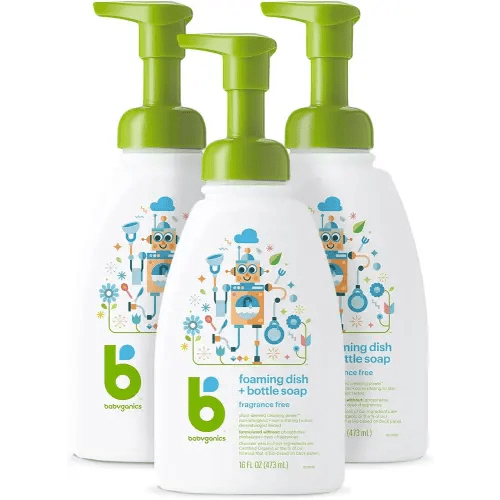 Babyganics Foaming Dish & Bottle Soap, Pump Bottle, Fragrance Free, Plant-Derived Cleaning Power, Removes Dried Milk, 16 Fl Oz, (Pack of 3), Packaging May Vary
