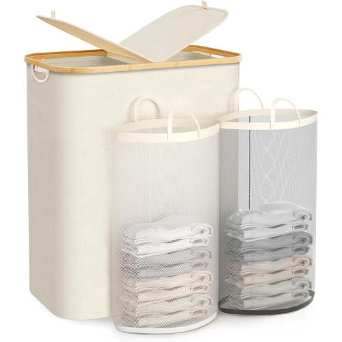 Double Laundry Hamper with Lid, Divided Laundry Hamper with Removable Bags, 2 Section Dirty Clothes Basket with Handles for Bathroom, Bedroom & Laundry Room, 140L Beige