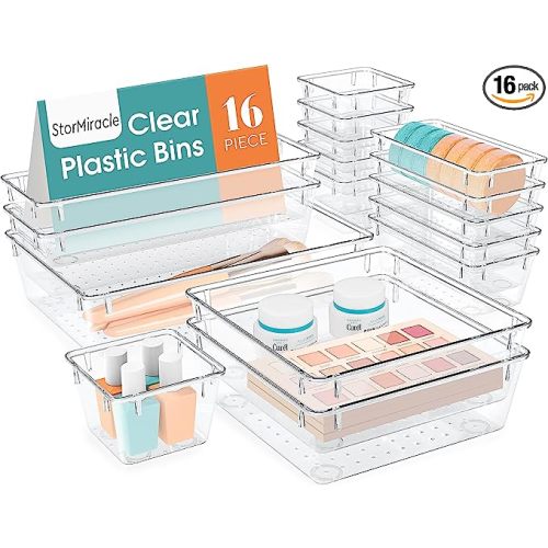 16 PCS Drawer Organizer Set, 5 Varied Size Bathroom and kitchen Drawer cabinet organizer Trays, Clear Storage Bins for Makeup, Jewelry, Utensils and Gadgets