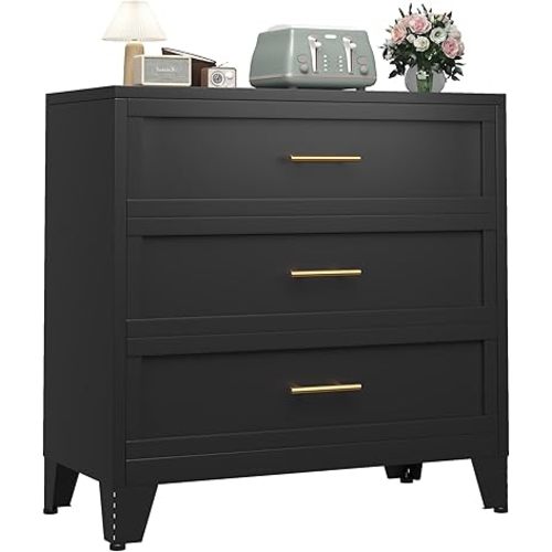 Metal Dresser for Bedroom 3 Drawers Dresser Metal Storage Dressers Organizer,34.25" H Black Drawer Chest, Closet Organizers for Living Room, Hallway, Closet
