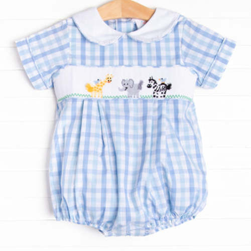 3 month- Day at the Zoo Smocked Boy Bubble, Blue Plaid – Stitchy Fish