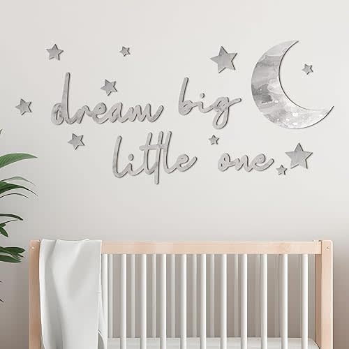 Briwooody 15 Pcs Moon and Stars Nursery Decor Dream Big Little One Wall Decor Boho Neutral Babyroom Wall Art Nursery Sign for Boys Girls Bedroom Home Farmhouse Living Playroom(Gray)