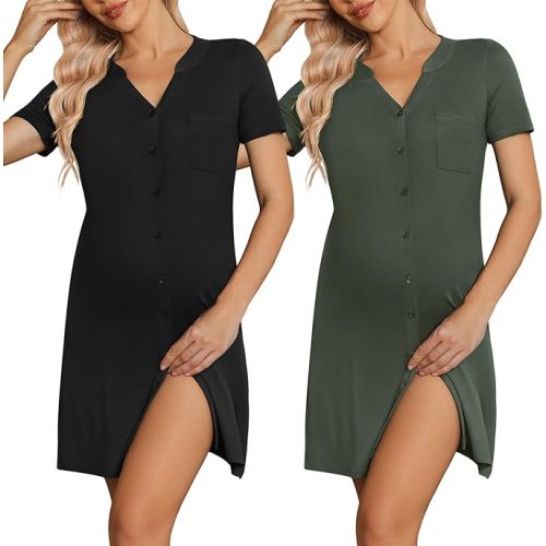 Ekouaer 2 Pack Labor/Delivery/Hospital Gown 3 in 1 Maternity Dress V Neck Nursing Nightgown Postpartum Pajamas with Button