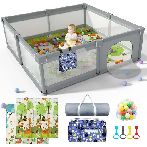 LUTIKAING 79"x71" Baby Playpen with Mat, Safe Playpen, Play Pen for Babies and Toddlers, Large Play Yard, Zipper Gate, Anti-Slip Suckers, Ideal Baby Gate Playpen for Toddlers 1-3