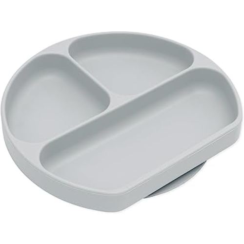 Bumkins Toddler and Baby Suction Plate, Divided Grip Dish for Babies and Kids, Baby Led Weaning, Feeding Supplies, Sticks to Tables and Highchairs, Platinum Silicone, for Chidren 6 Months, Gray