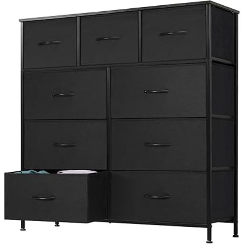 DUMOS Dresser for Bedroom, Storage Organizer with 9 Drawers, Chest of Drawers with Fabric Bins, Sturdy Metal Frame, Wood Tabletop for Guest Room, Closet, Entryway, Nursery