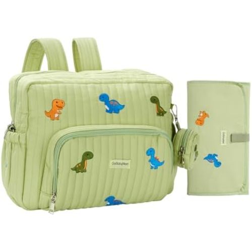 Diaper Bag Backpack with Changing Pad - Travel Baby Bag, Insulated Bottle Pockets, Stroller Straps (Medium - Green Dinosaurs)