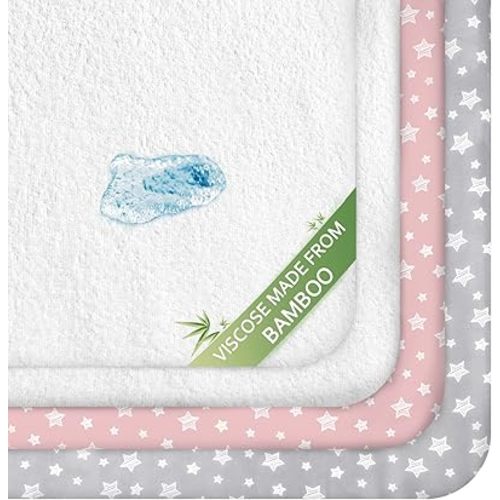 Crib Sheets & Waterproof Crib Mattress Protector for Boys 4 Pack Set, Viscose Made from Bamboo, Waterproof Crib Sheets Mattress Pad Cover, Grey & Pink