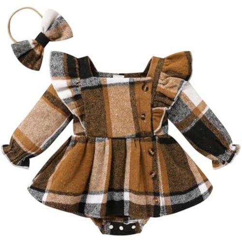 Newborn Baby Girl Fall Winter Clothes Plaid Long Sleeve Romper Buttons Outfit Ruffles Dress with Bow Headband
