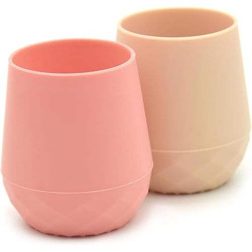 Silicone Training Cups for Babies 4 Months+ | 2 pack Transition Cups for Baby Girl Gift, Baby Water Cup for 6-12 Months, Toddler Open Cups 2oz, Baby Essentials for BLW (Pink Porcelain)