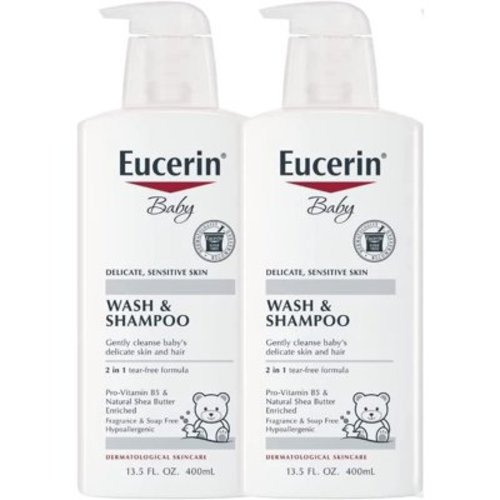 Eucerin Baby Wash & Shampoo - 2 in 1 Tear Free Formula, Hypoallergenic & Fragrance Free, Nourish and Soothe Sensitive Skin - 13.5 Fl Oz (Pack of 2)