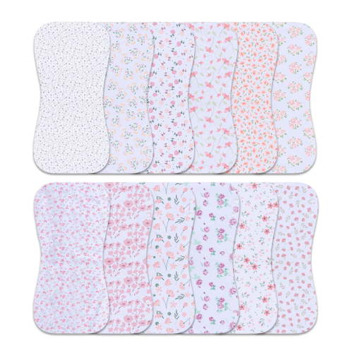 12-Pack 2-in-1 Baby Bibs & Burp Cloths Set, 3-Layer Design, Large Size, Super Absorbent, 100% Organic Cotton, Soft & Comfortable, Pink Floral for Girls