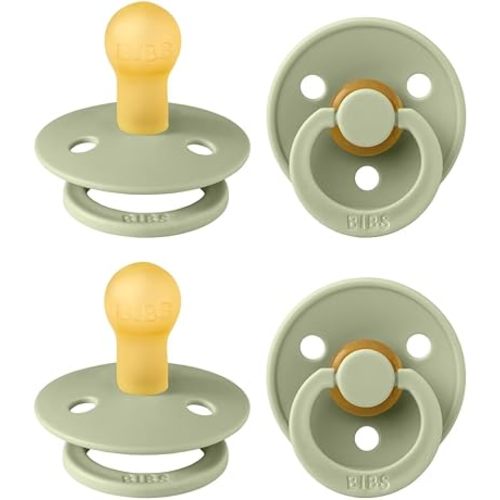 BIBS Colour Pacifier 4-Pack, BPA Free Dummy Pacifier, Round Nipple. Natural Rubber Latex, Made in Denmark, Size 1 (0-6 Months), Sage