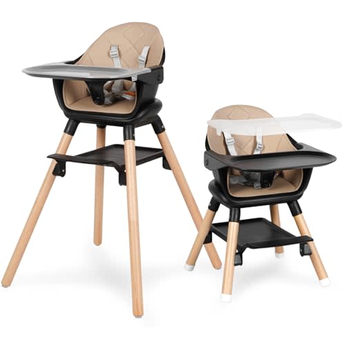 Baby High Chair, 6 in 1 Convertible Wooden High Chairs for Babies and Toddlers, Baby HighChair with Removable Double Tray & Adjustable Footrest