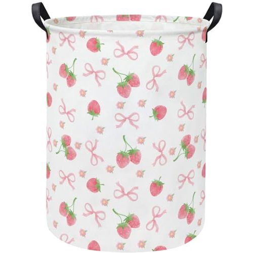 LATOGHIVE Baby Laundry Hamper kids laundry Basket Waterproof Storage Bin for Bedroom Toy Clothes Organizer Basket Woodland Animals Room Décor(Bowknot Strawberry)