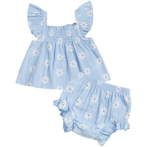CIYCUIT Infant Baby Girl Summer Smocked Clothes Floral Ruffle Shirt Tops Bloomers Shorts Toddler Cute Outfits Set