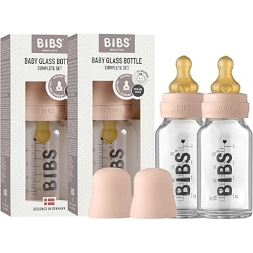 Bibs Baby Glass Bottle | Anti-Colic Borosilicate Glass Bottles | Natural Vented Round Natural Rubber Latex Nipple | Consistent Flow Rate | 3.7 oz/110 ml | 2 Pack | Blush