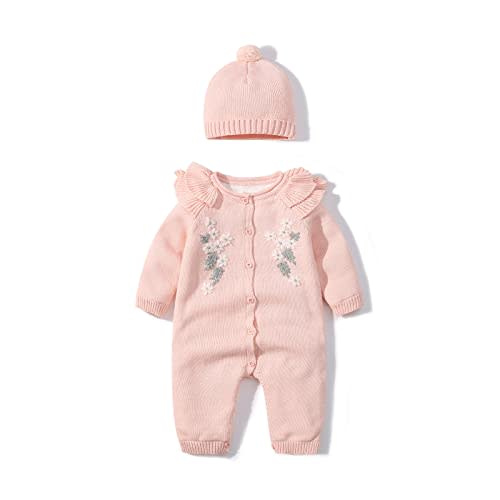 IADOER Baby Newborn Boy Knitted Sweater Romper Cotton Longsleeve Outfit with Kids Winter Warm Hats Set