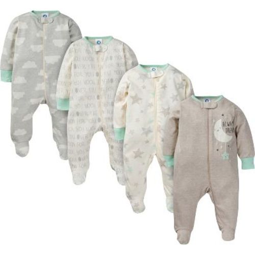 Gerber Baby Gender Neutral Sleep 'n Play's With Mitten Cuffs, 4-pack, Clouds, 6-9 Months