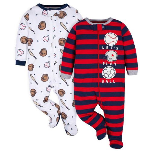 Gerber Baby Boys' Long Sleeve Sleep 'N Plays - Sports - 0-3 Months - 2-Pack