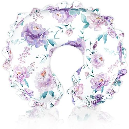 Ruffle Nursing Pillow Cover, Removable Stetchy Case for Breastfeeding Pillows, Ultra Soft and Breathable Feeding Pillow Slipcover with Modern Design Lace for Infant Girls Boys, Purple Floral