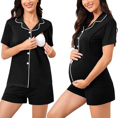 SWOMOG Womens Maternity Nursing Pajama Sets Breastfeeding Sleepwear Postpartum Lounge Sets Double Layer Short Sleeve Pjs