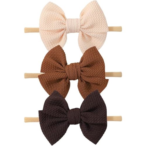 yoyokid 3PCS 4" Baby Girls Bow Headband, Elastic Nylon Hairbands Soft Baby Hairbands with Bows Hair Accessories for Newborn Infant Toddler, Beige Brown Coffee