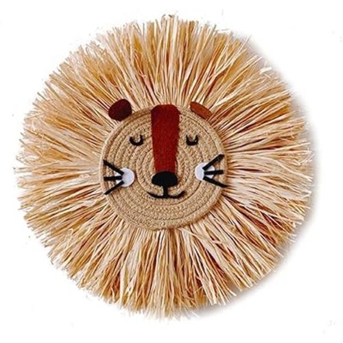 FULCLOUD 15.7 inch Wall Art Animal Head Hand Knitted Hanging,Cotton Thread Weaving Straw Cartoon Tassel Beard Lion Tiger Macrame Pendant Nursery Room Wall Decor for Home Decoration