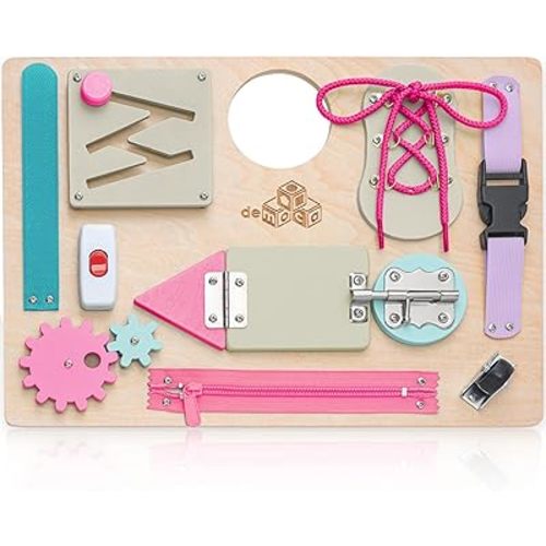 Montessori Busy Board for Toddlers, Premium Wooden Toddler Busy Board for 1 2 3 Year Old with 10 Educational Activities for Fine Motor Skills, Sensory Activity Toy for Travel, Gift for Boys & Girls