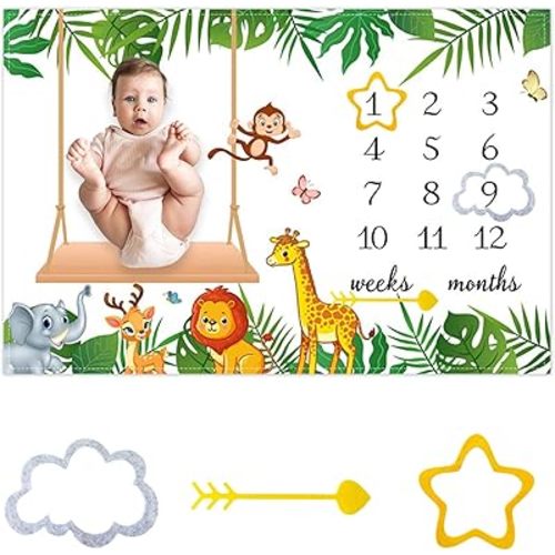 CSFOTO Tropical Jungle Baby Monthly Milestone Blanket Cartoon Safari Park Photography Background Newborn Baby Growth Record Prop Blanket 60 "x40 with Frames