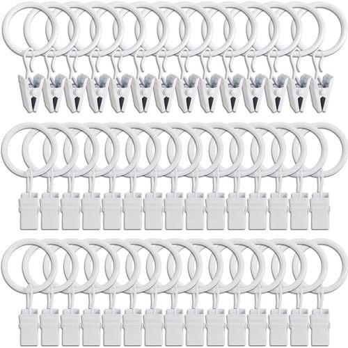 44 Pack Curtain Rings with Clips, Curtain Clip Rings Hooks, Bow Hanger Clips for Hanging Drapery Drapes Bows, Ring 1 inch Interior Diameter, Fits up to 5/8" Rod, White