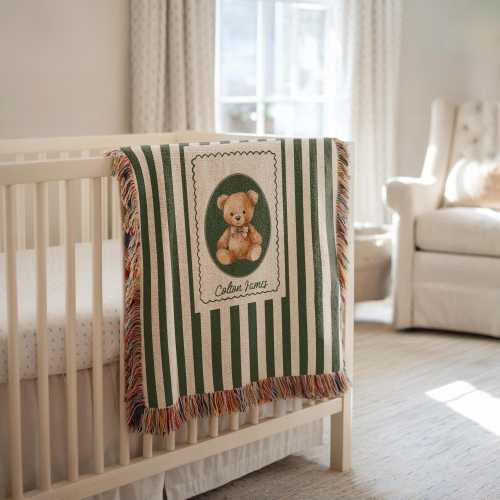 Baby Name Blanket Teddy Bear Personalized Throw, Striped Nursery Decor Baby Boy Baby Girl with Name, Newborn Keepsake Custom Nursery
