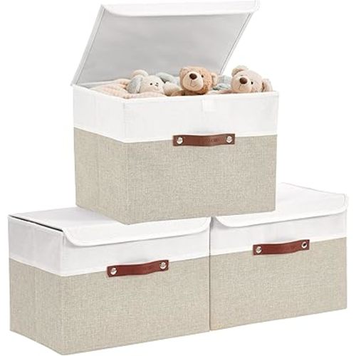 DECOMOMO Fabric Storage Bins with Lid, Storage Baskets for Shelves Toy Box (Beige and White, 3 Pack)