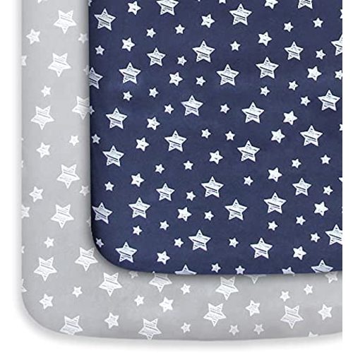 Mini Crib Sheets, 2 Pack Pack and Play Sheets, Stretchy Pack n Play Playard Fitted Sheet, Compatible with Graco Pack n Play, Soft and Breathable Material, Grey & Navy