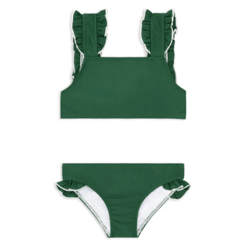 girls evergreen ruffle strap bikini with white lettuce edge trim - size 1