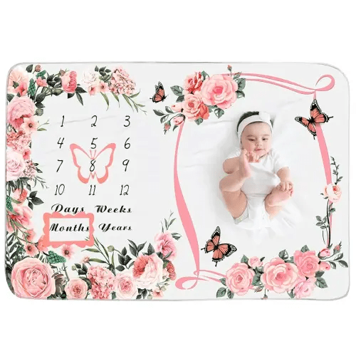 Chumia Baby Monthly Milestone Blanket for Baby Girl 59"x39" Floral Butterfly Photo Prop Age Milestone Blanket with 2 Felt Floral Wreath Frame(Pink)