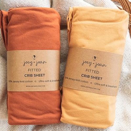 Joey + Joan Fitted Crib Sheets 28 x 52 – Compatible with Standard Crib Mattress and Toddler Bed – 100% Jersey Cotton – Mustard Yellow + Burnt Orange – 2 Pack