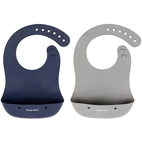 Bazzle Baby Silicone Bibs with Food Catcher - Rolls Up and Button closed for easy travel and storage Waterproof 2-Pk