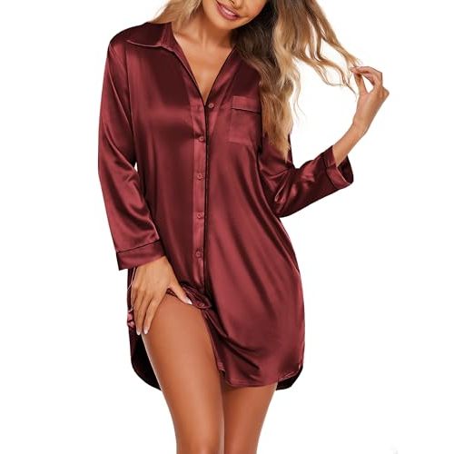 Ekouaer Women's Boyfriend Style Satin Sleep Shirts Wine Red