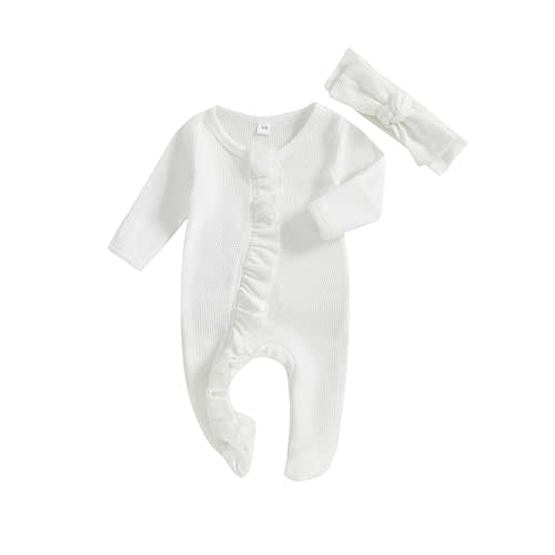 Ayalinggo Newborn Baby Romper Infant Girl One-piece Outfit Waffle Ruffle Zip Footie Spring Summer Clothes With Bow Headband