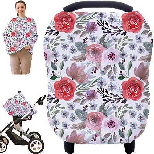 Multi-use Canopy Cover Breastfeeding Cover - Car Seat Covers for Babies, Stretchy Carseat Canopy Cover, Boys and Girls Shower Gifts (Purple Flower)