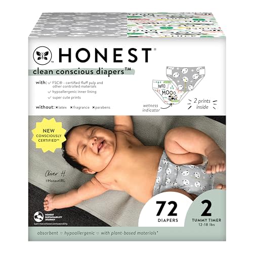 The Honest Company Clean Conscious Diapers | Plant-Based, Sustainable | Pandas + Barnyard Babies | Club Box, Size 2 (12-18 lbs), 72 Count