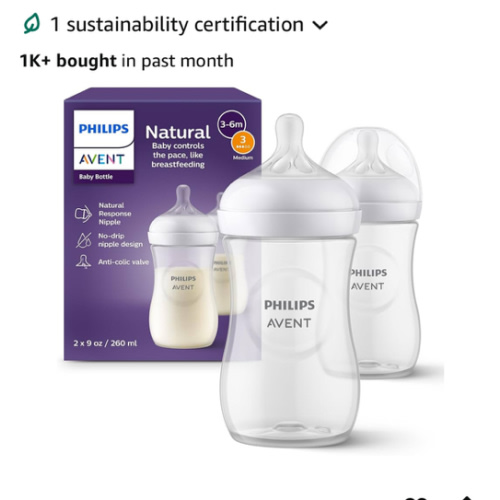 Philips Avent Natural Baby Bottles with Natural Response Nipples (Medium Flow, Flow 3), 9oz, 2-Pack, SCY903/02