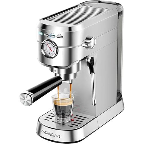 CASABREWS Espresso Machine 20 Bar, Compact Espresso Maker with Steam Milk Frother, Stainless Steel Coffee Machine with 34oz Removable Water Tank for Cappuccino, Latte, Silver