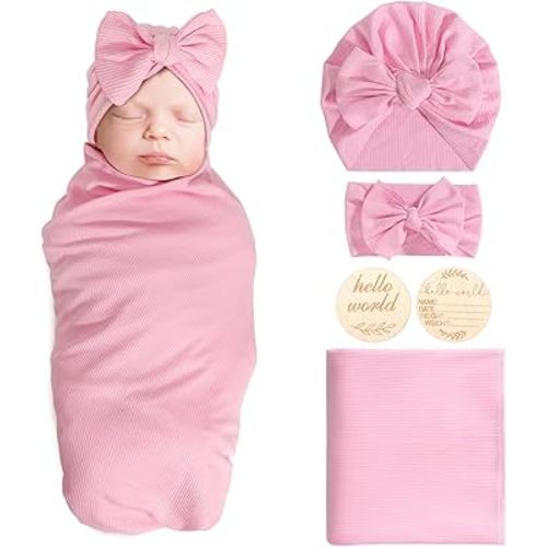 Newborn Receiving Blanket with Bow Hat Headband Wooden Card Set Newborns Toddler Baby Boy Girl Nursery Swaddle Wrap