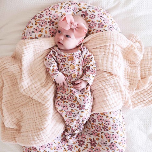 Mauvelous Meadow Newborn Baby Knot Gown & Hat Set