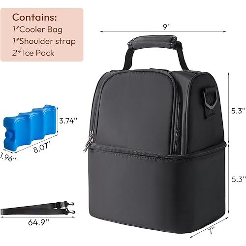NCVI Breastmilk Cooler Bag with 2 Ice Pack, Breast Pump Bag with Cooler Fits 6 Bottles, Double Layer Breast Milk Baby Bottle Cooler Bag, for Travel, Nursing Mom Daycare, Work, Picnic (Black)