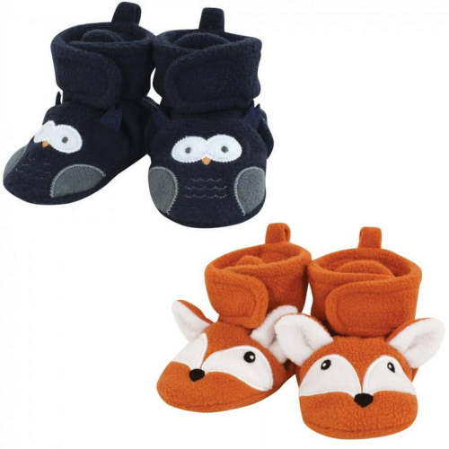 Hudson Baby Infant Boy Animal Fleece Booties 2-Pack, Navy Owl Fox, 0-6 Months