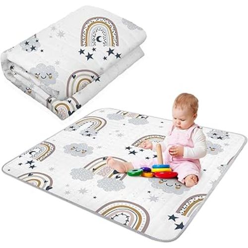 Boho Portable Baby Play Mat, 43 x 43 Inch Washable Foldable Crawling Mat, Non Slip Playmat for Babies, Kids Play Mats Pad for Floor Playpen Toddler Infants Tummy Time Activity (Gray Boho Rainbow)